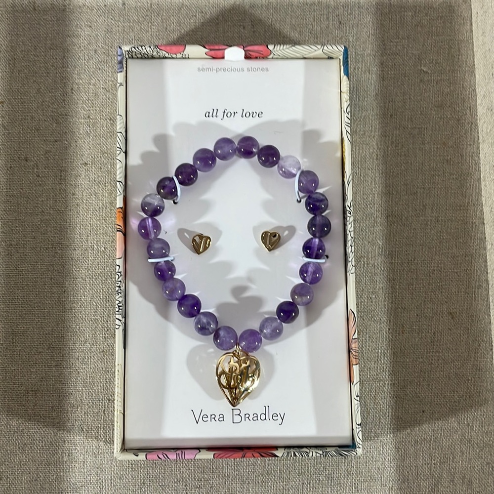 Vera Bradley Purple Heart Bracelet and Stud Set Gold Color